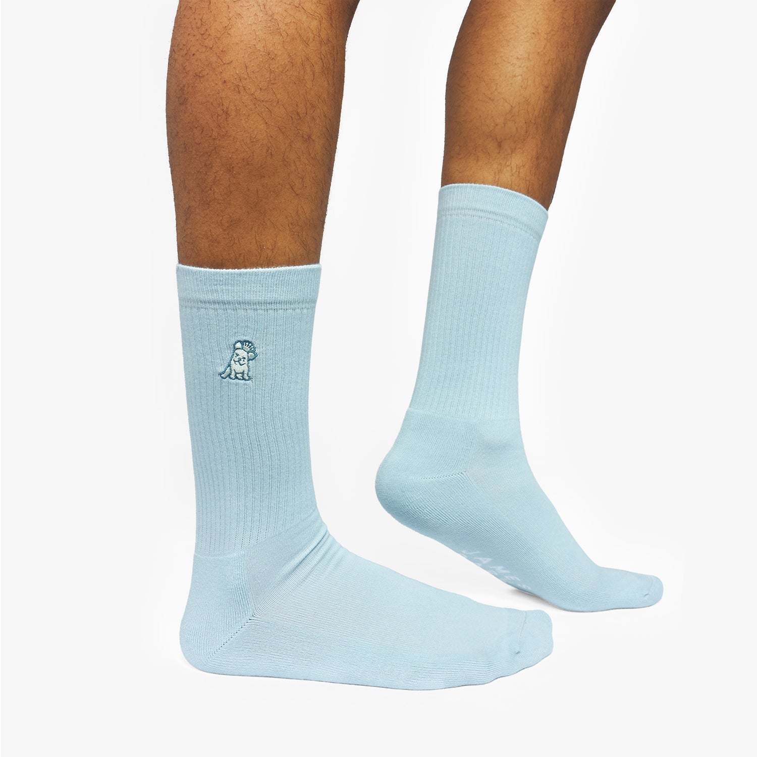 Light blue socks worn by a person on a white background