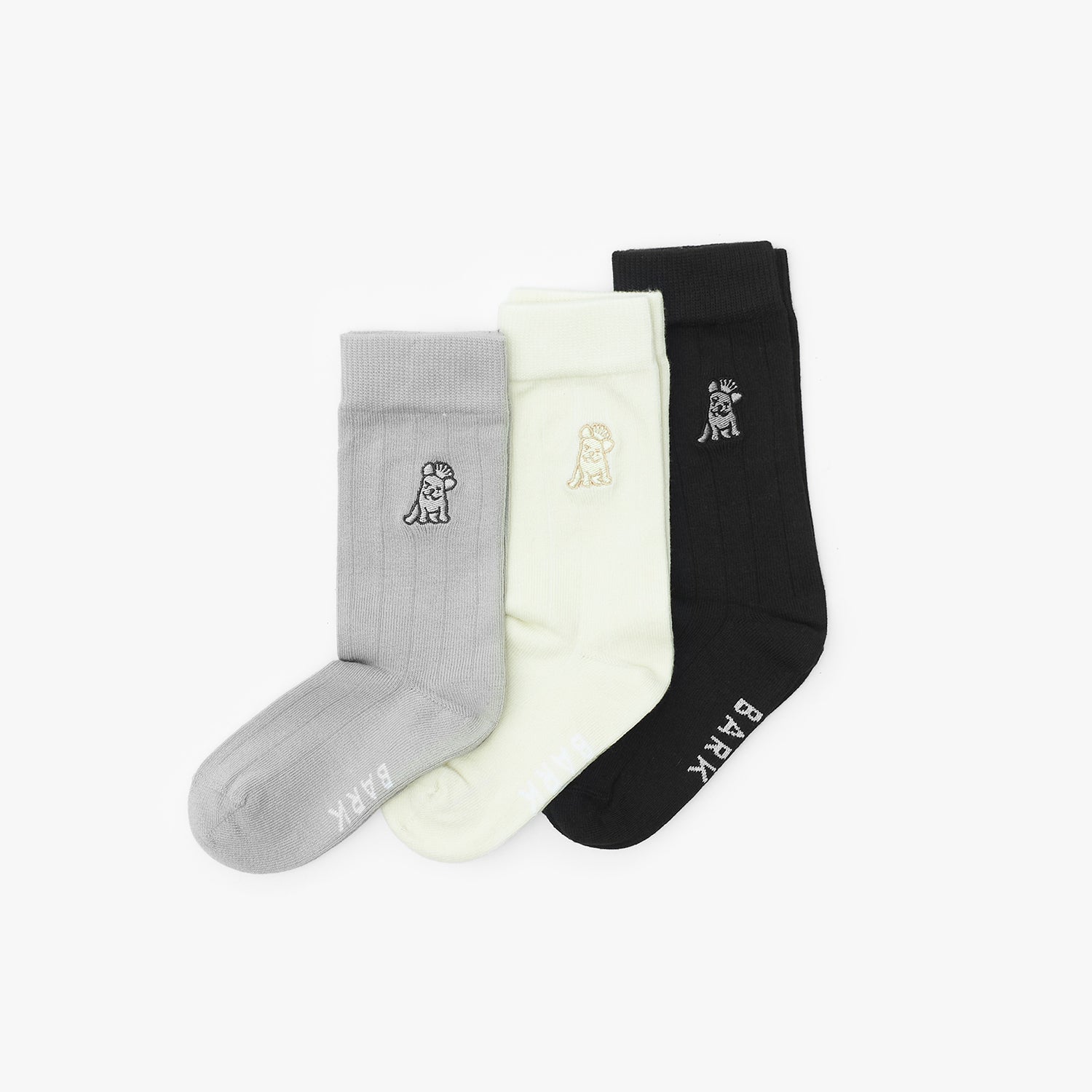 Three socks in gray, white, and black with a logo and text on a white background