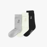 Three socks in gray, white, and black with a logo and text on a white background