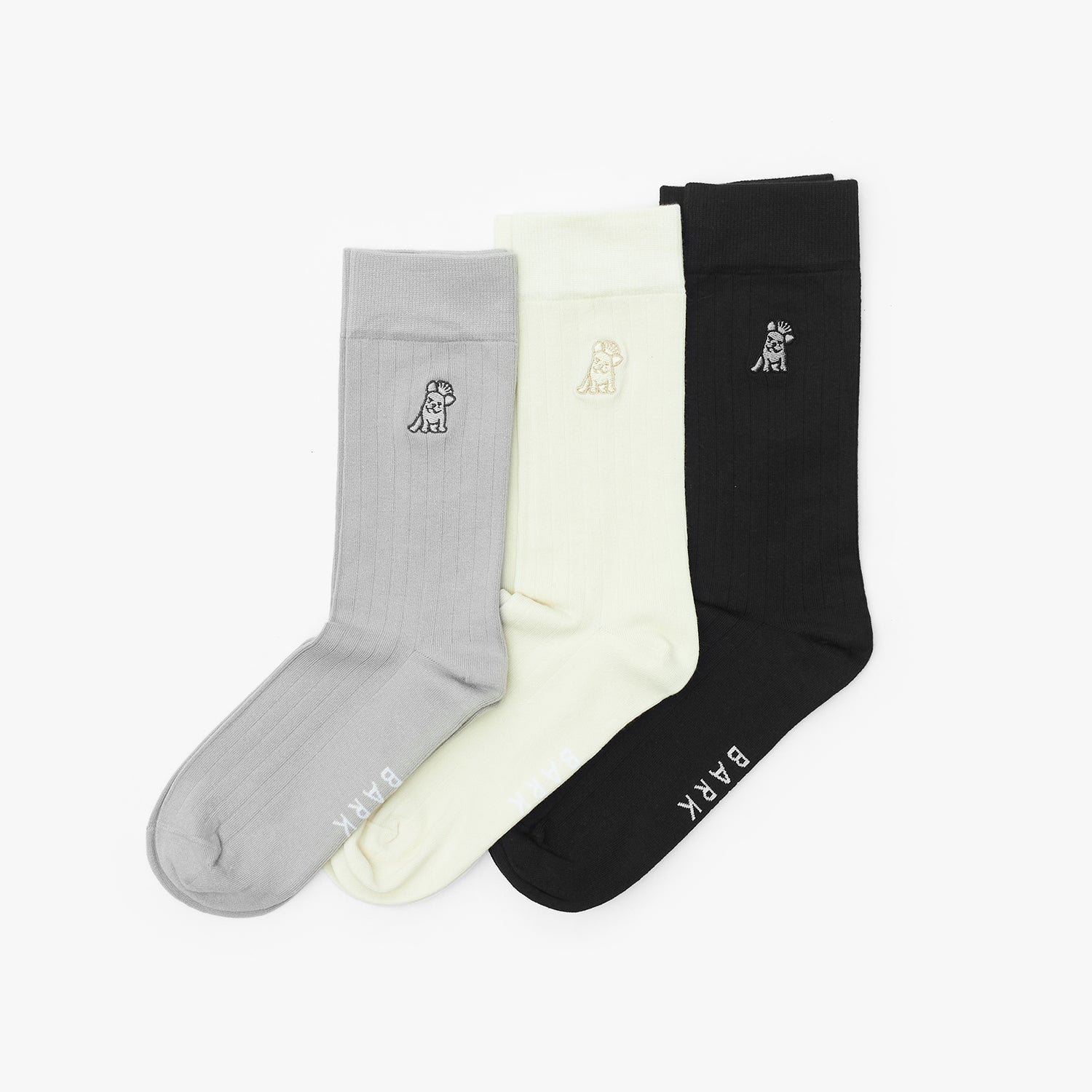 Three socks in gray, white, and black with a brand logo on a white background