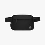 Black waist bag with a small logo on a light gray background
