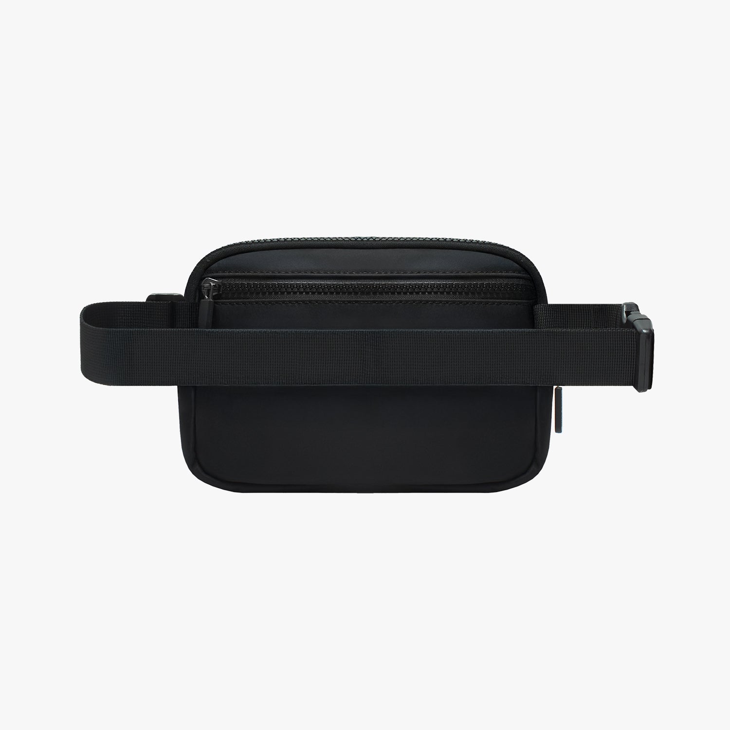 Back view of a black waist bag on a white background