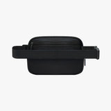 Back view of a black waist bag on a white background