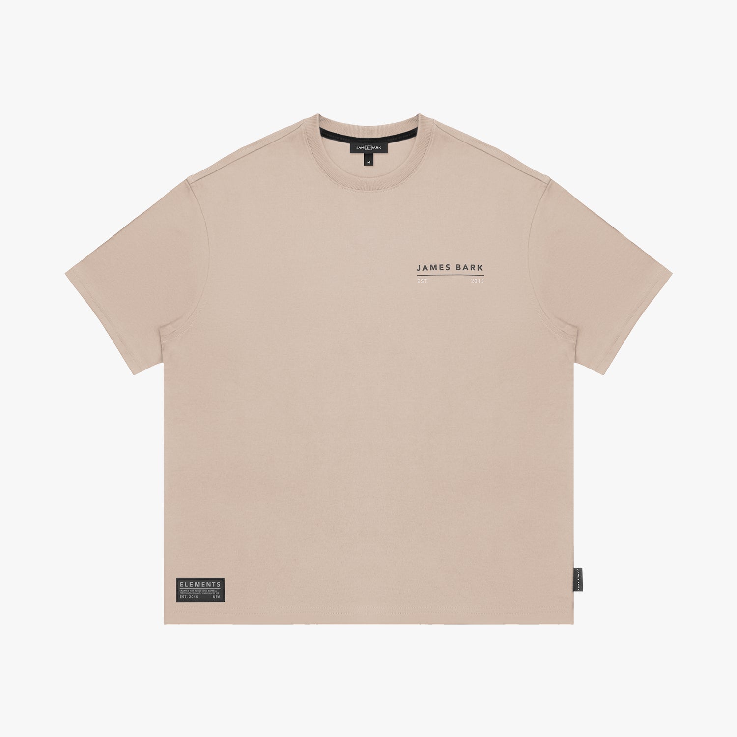Front view of a beige t-shirt laid flat, showing a small logo on the chest and a black tag on the hem