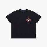 A black T-shirt with a circular red and white chest graphic featuring a dog logo, displayed flat