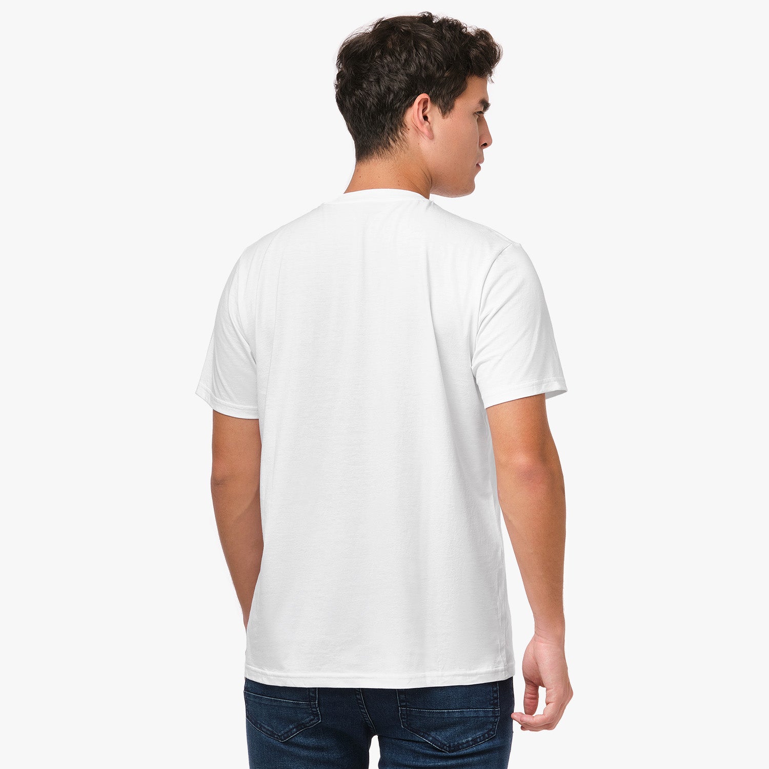 Man wearing a plain white t-shirt on a white background