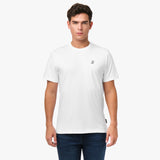 Man wearing a white t-shirt with a small logo on a white background