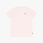 Pink and white top with a small logo on a light pink background