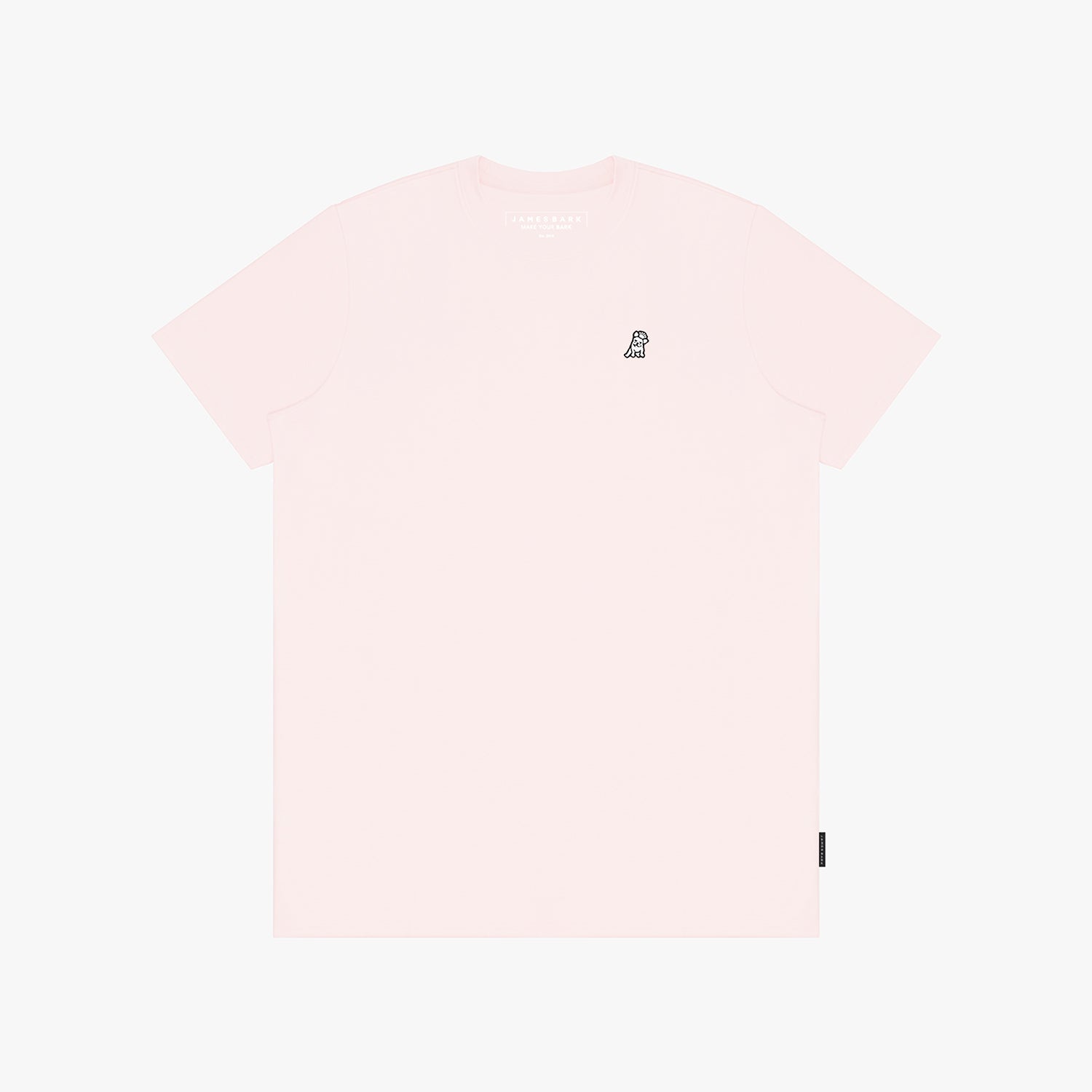 Pink and white top with a small logo on a light pink background