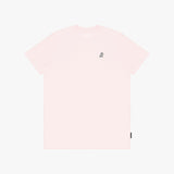 Pink and white top with a small logo on a light pink background