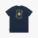 A navy blue T-shirt shown from the back, featuring a large graphic print of stacked playing cards with a gold spade and red numbers