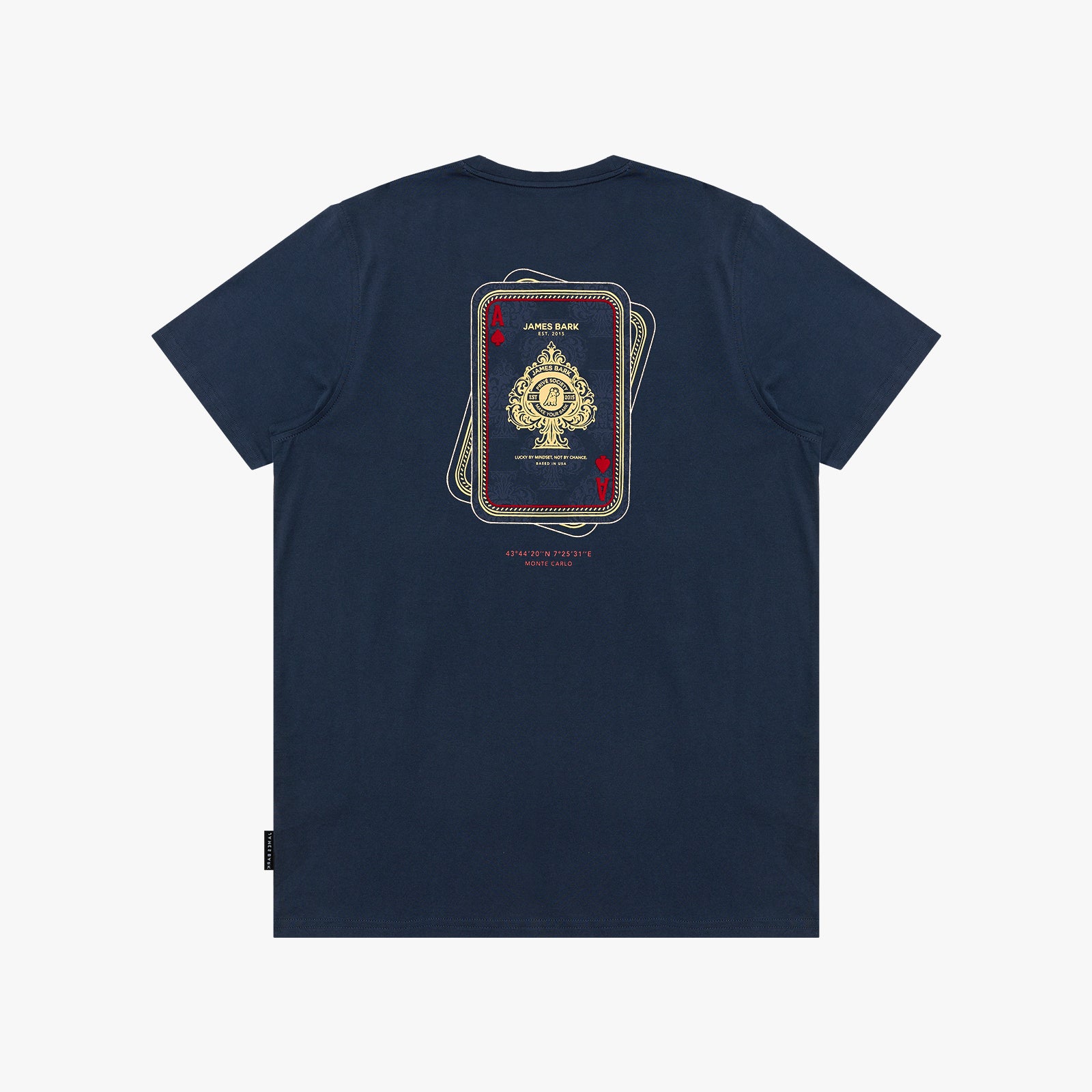 A navy blue T-shirt shown from the back, featuring a large graphic print of stacked playing cards with a gold spade and red numbers