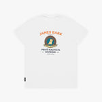 A white T-shirt with a graphic print on the front. The graphic features the text 'JAMES BARK' in orange and a circular crest with a dog