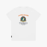 A white T-shirt with a graphic print on the front. The graphic features the text 'JAMES BARK' in orange and a circular crest with a dog