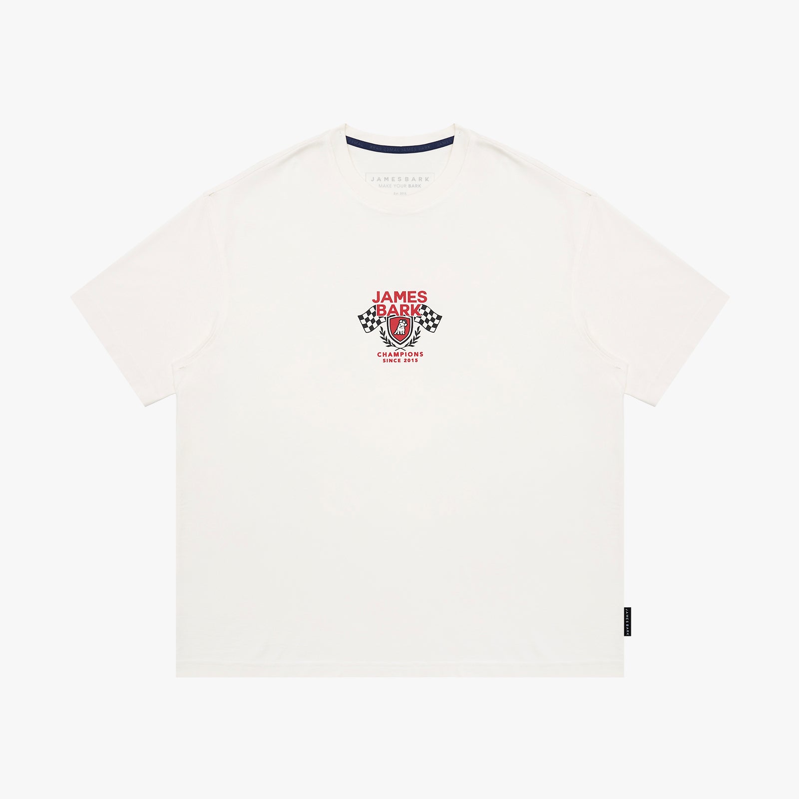 An off-white short-sleeve t-shirt, featuring a red and black racing graphic on the center chest with the text 'JAMES BARK' and checkered flags.