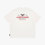 Back view of a white t-shirt, featuring a red and black racing graphic on the center chest with the text 'JAMES BARK' and checkered flags.