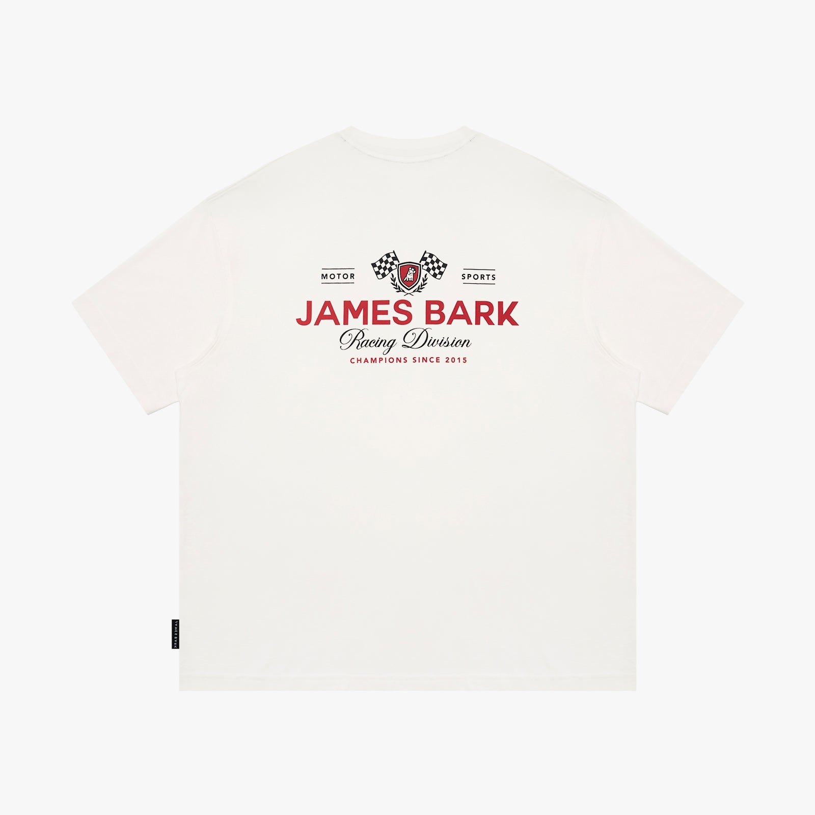 Back view of a white t-shirt, featuring a red and black racing graphic on the center chest with the text 'JAMES BARK' and checkered flags.