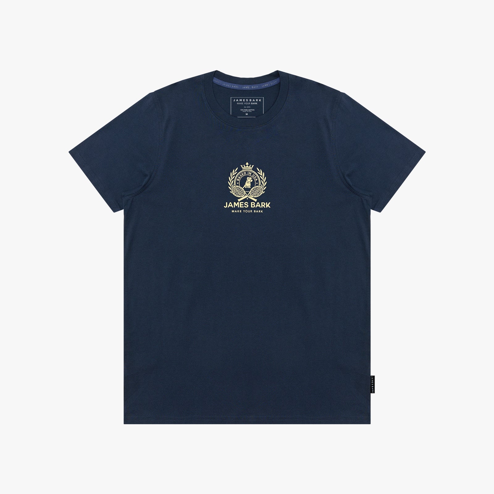 A navy blue T-shirt with a gold James Bark crest logo printed on the center chest