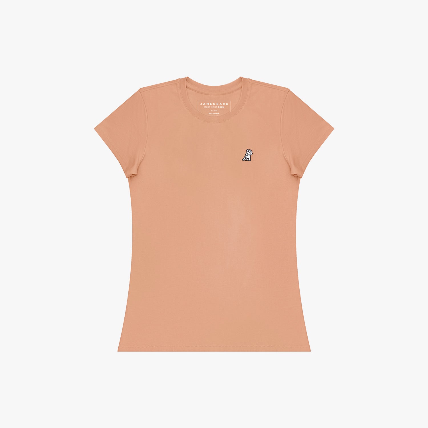 Peach-colored t-shirt with a small logo on a white background