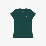 Green t-shirt with a small logo on a white background