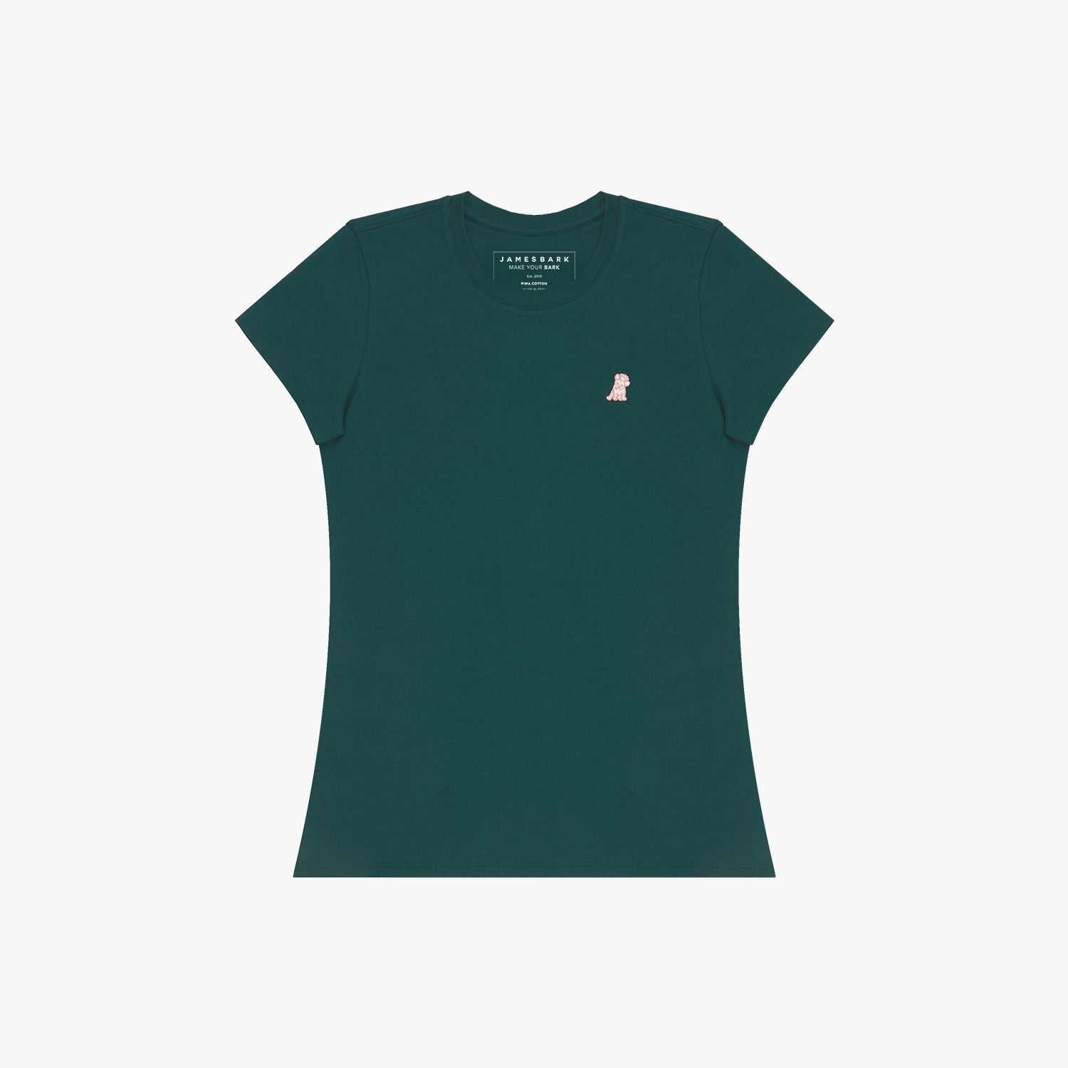 Green t-shirt with a small logo on a white background