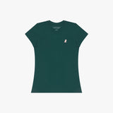 Green t-shirt with a small logo on a white background