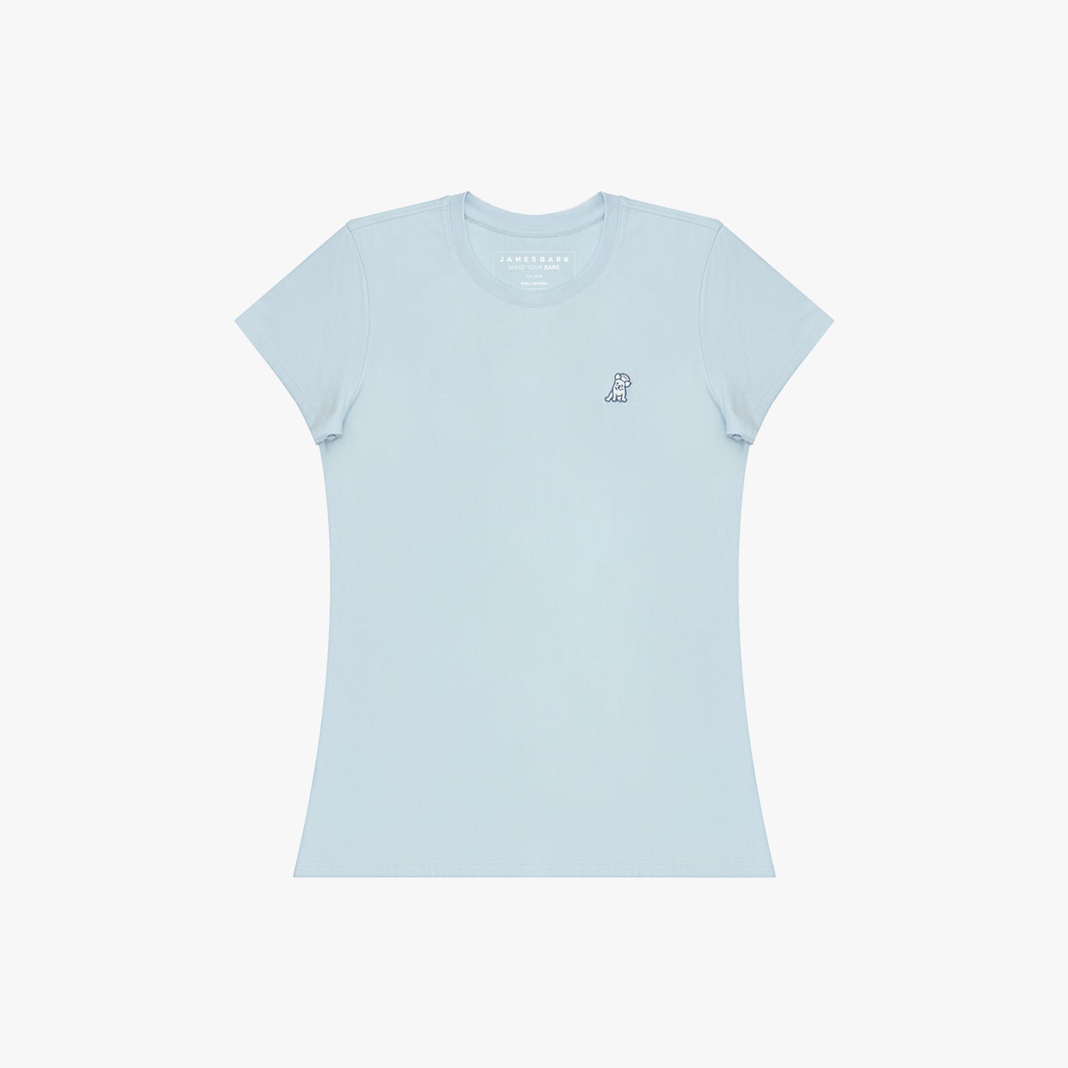 Light blue t-shirt with a small logo on a white background