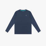 Navy long-sleeve rashguard with a small logo on a light gray background