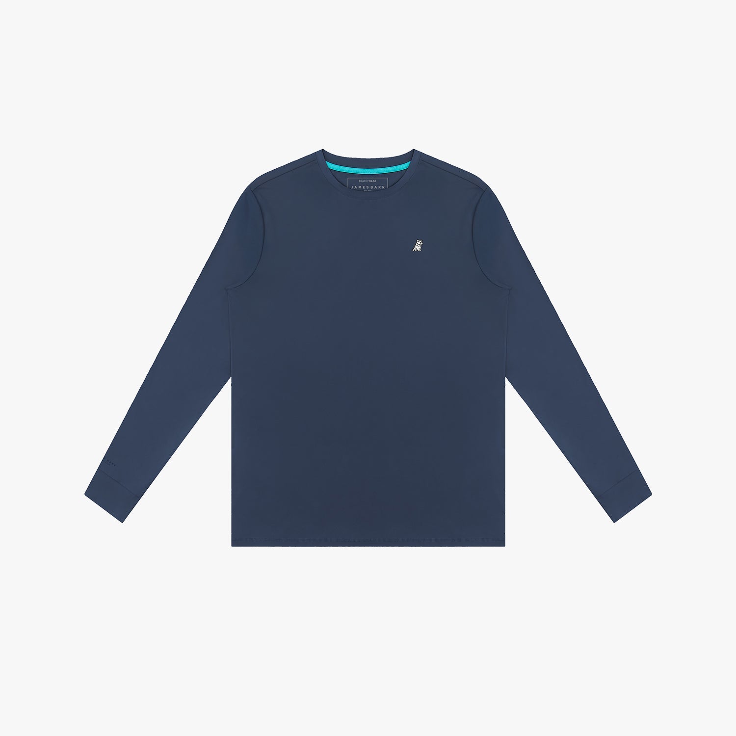 Navy long-sleeve rashguard with a small logo on a light gray background