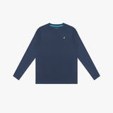 Navy long-sleeve rashguard with a small logo on a light gray background