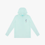 Light blue hooded rashguard with a small graphic on a white background