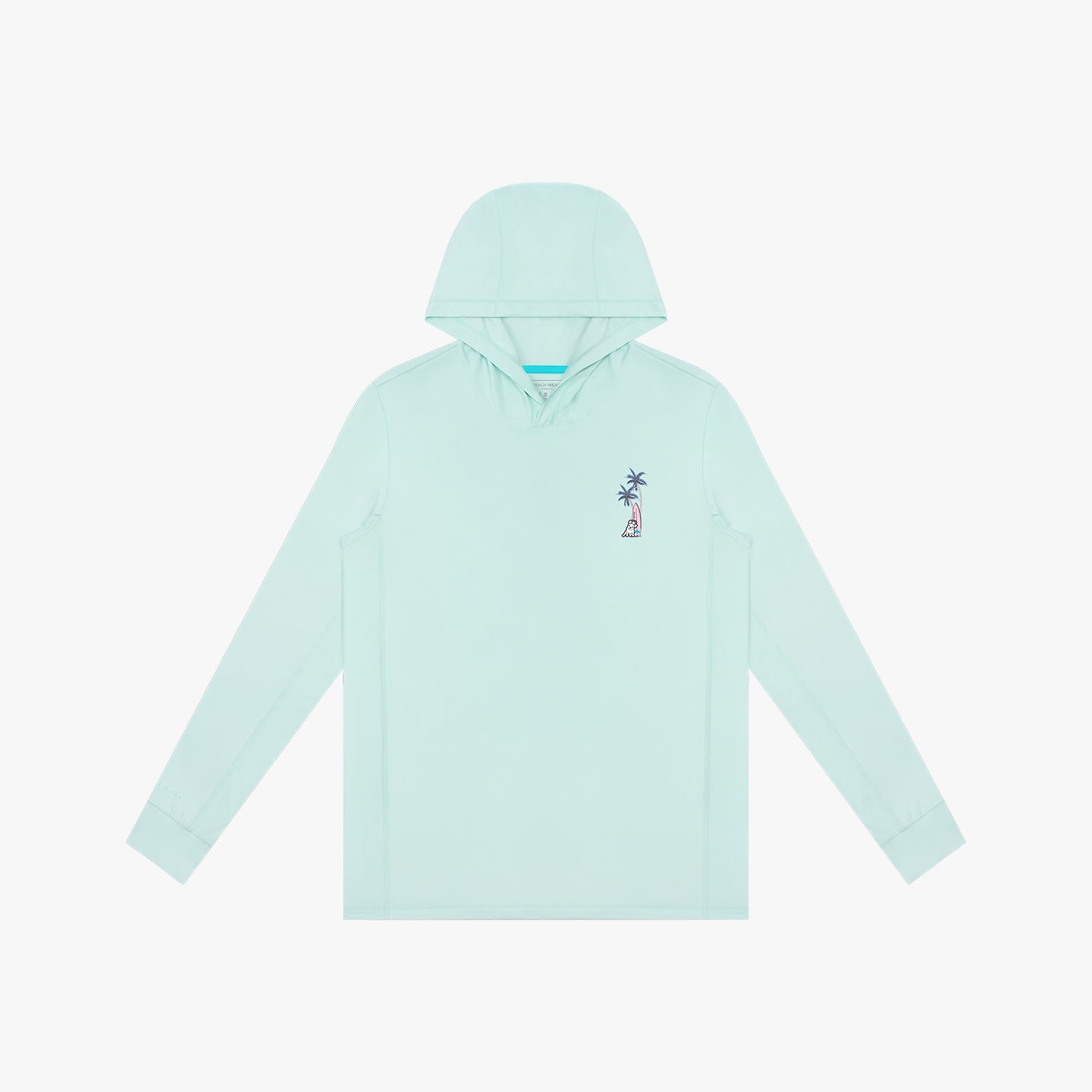 Light blue hooded rashguard with a small graphic on a white background