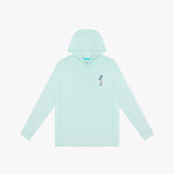 Light blue hooded rashguard with a small graphic on a white background