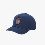Side view of a navy blue James Bark golf cap with a braided rope detail across the visor.