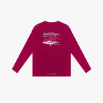 Back picture of a red long-sleeve rashguard with white graphic design on a light gray background