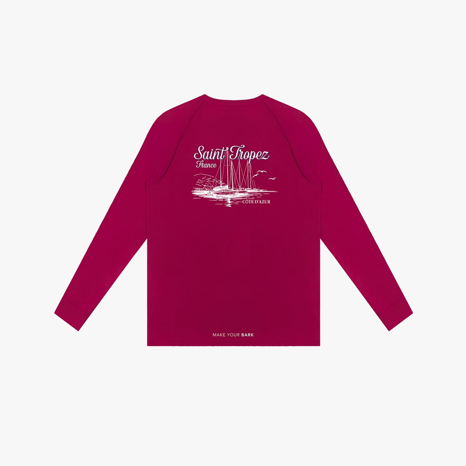 Back picture of a red long-sleeve rashguard with white graphic design on a light gray background