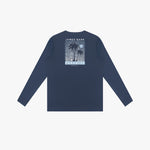 Back picture of a navy blue long-sleeve rashguard with palm tree design on a white background