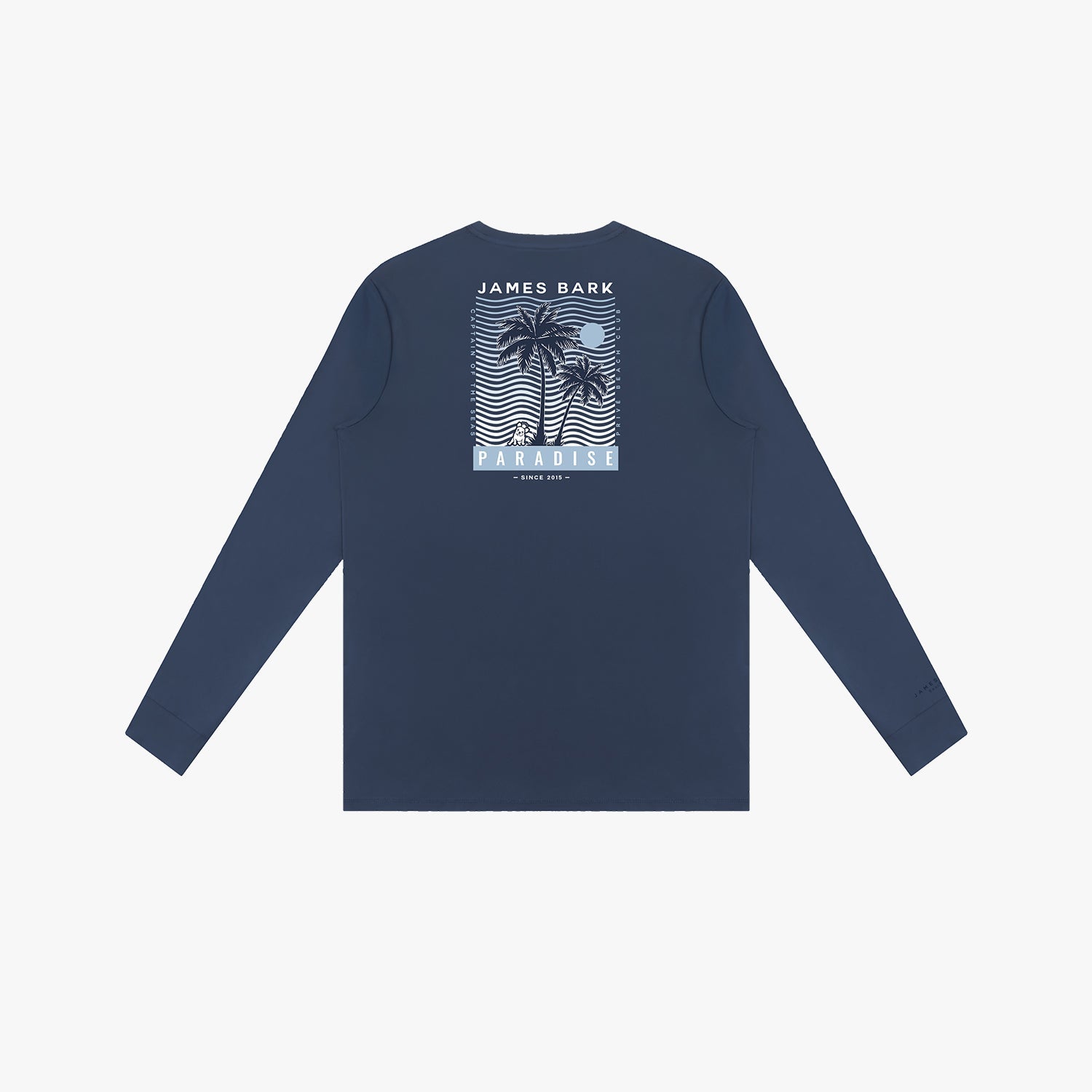 Back picture of a navy blue long-sleeve rashguard with palm tree design on a white background