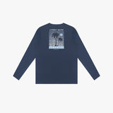 Back picture of a navy blue long-sleeve rashguard with palm tree design on a white background