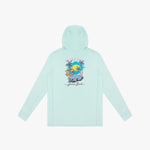 Back picture of a light blue hooded rashguard with a graphic design on a white background