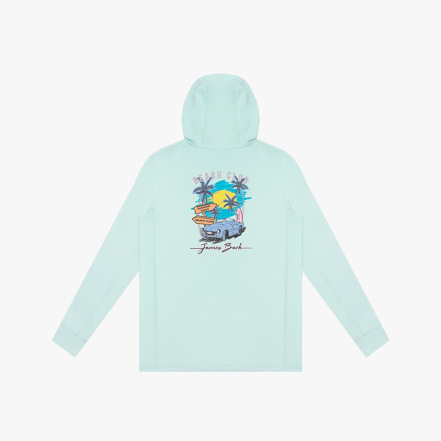 Back picture of a light blue hooded rashguard with a graphic design on a white background