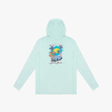 Back picture of a light blue hooded rashguard with a graphic design on a white background