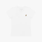 Front view of a women's white v-neck t-shirt laid flat against a white background, featuring the inner neck label and a small yellow and black embroidered dog logo on the left chest