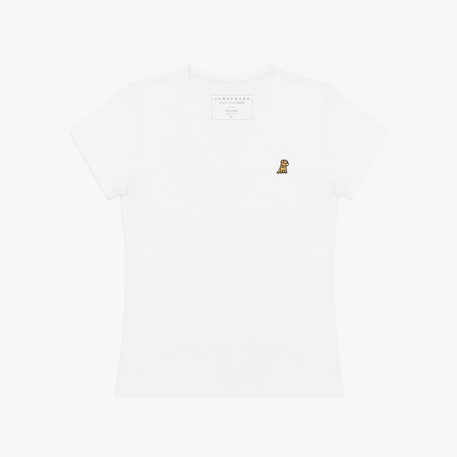 Front view of a women's white v-neck t-shirt laid flat against a white background, featuring the inner neck label and a small yellow and black embroidered dog logo on the left chest