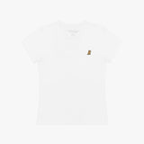 Front view of a women's white v-neck t-shirt laid flat against a white background, featuring the inner neck label and a small yellow and black embroidered dog logo on the left chest
