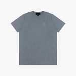 Gray t-shirt with a small logo on a white background