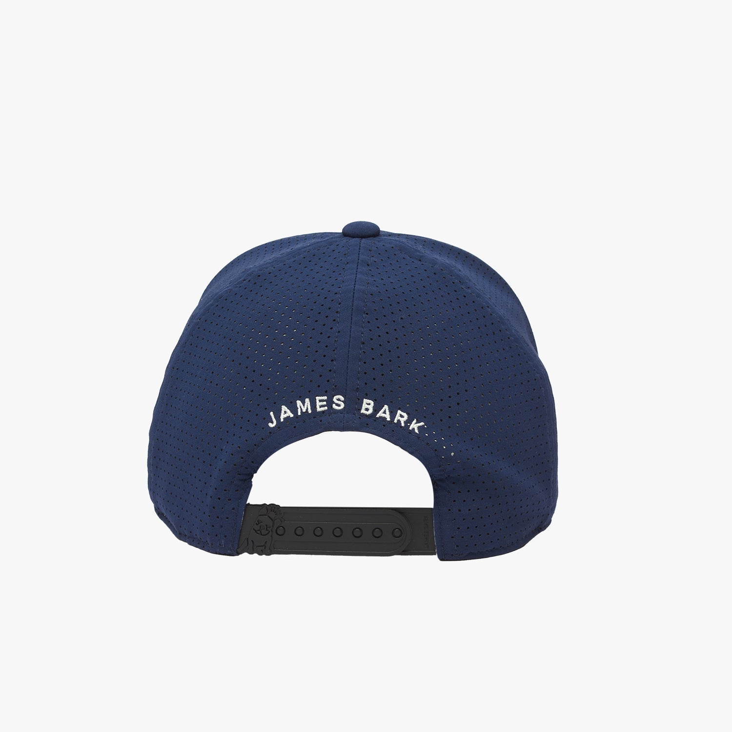 Rear view of the navy blue cap. "JAMES BARK" is embroidered in white text 