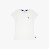 A white T-shirt by Comfort Colors, featuring a small red and blue circular logo on the left chest and a dark navy blue inner collar trim.