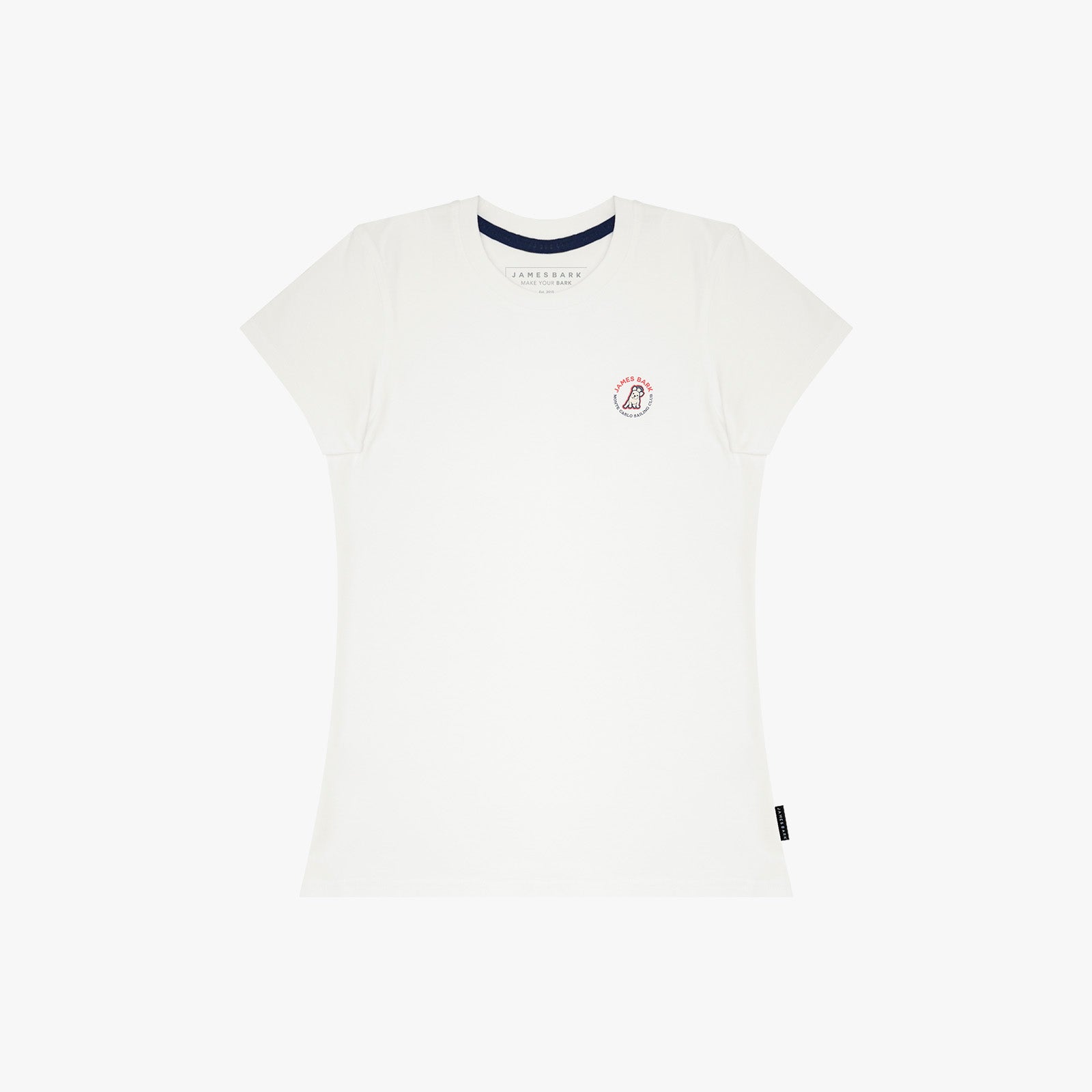 A white T-shirt by Comfort Colors, featuring a small red and blue circular logo on the left chest and a dark navy blue inner collar trim.