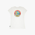 An off-white T-shirt featuring a colorful circular graphic on the chest that reads 'Coastal Legacy James Bark'.